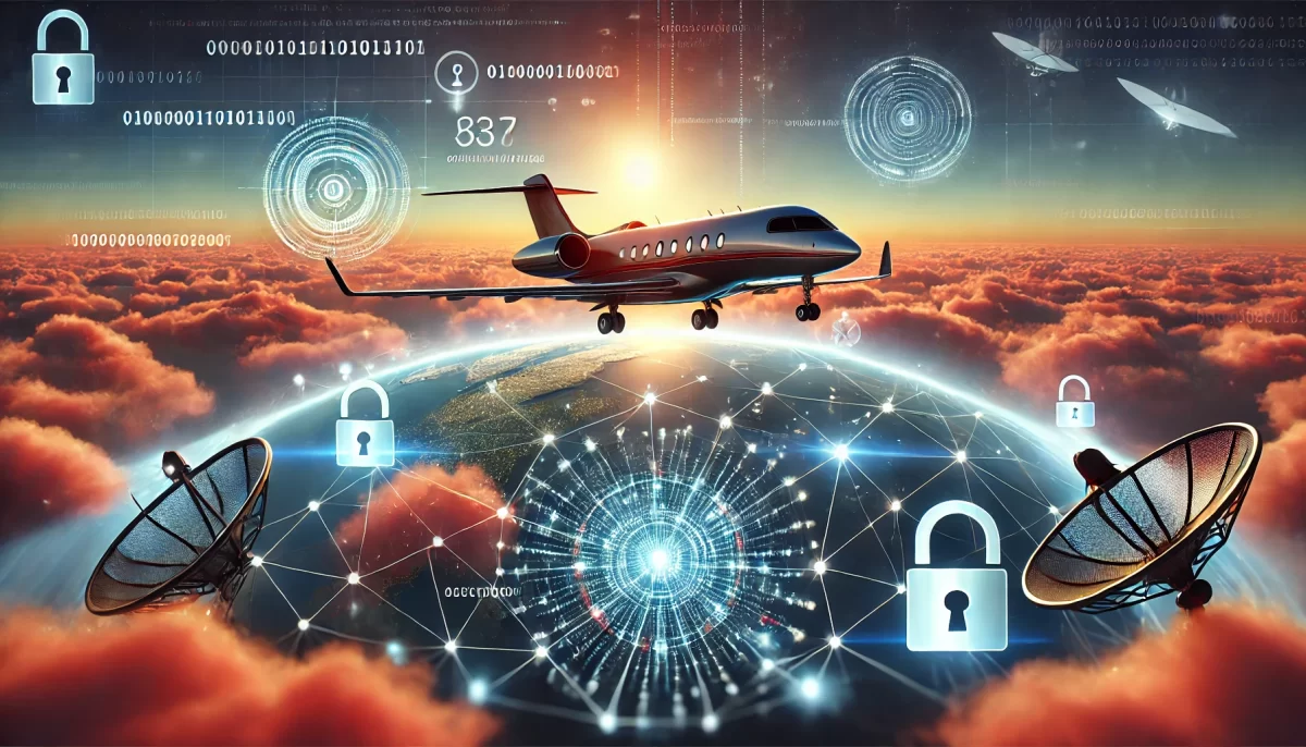 A sleek private jet flies above the clouds at sunrise, surrounded by a glowing digital network grid with icons of padlocks, binary codes, and satellite connections, symbolizing cybersecurity and advanced technology in aviation.