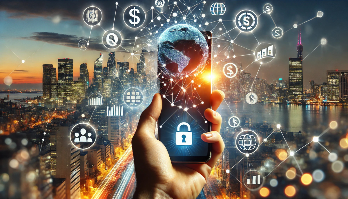 A glowing smartphone held in a hand displays icons for financial services, including coins, dollar signs, graphs, and padlocks. The background features a diverse urban landscape connected by digital network lines, symbolizing global financial inclusion through mobile-first technology.