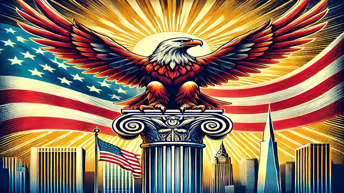 Illustration of a majestic bald eagle perched on a classical column, wings spread wide, set against a radiant sunburst, the American flag, and a cityscape featuring iconic skyscrapers.