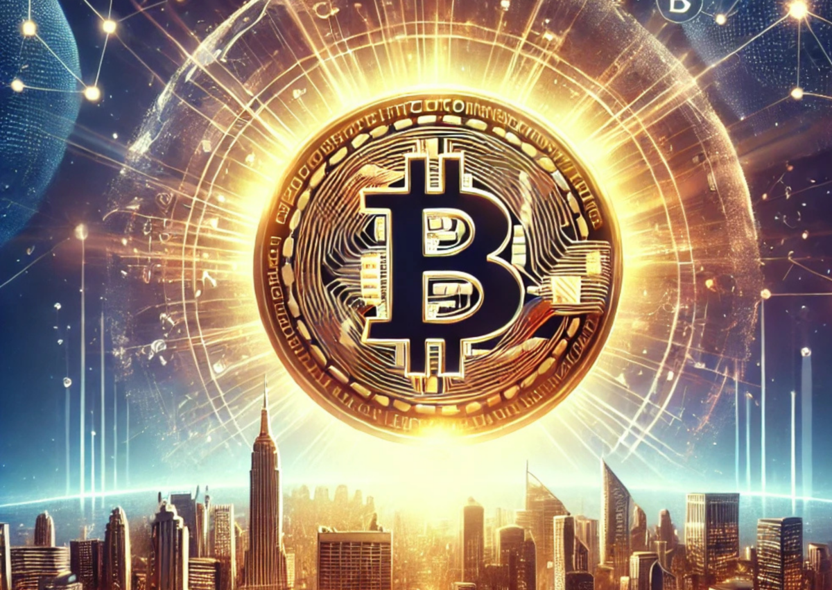 A glowing Bitcoin symbol radiating golden light at the center, surrounded by a futuristic cityscape and interconnected network lines representing decentralized finance. The backdrop features a gradient of deep blues and purples, symbolizing technological innovation, with traditional banking symbols fading into the background to signify the shift to a decentralized financial system.